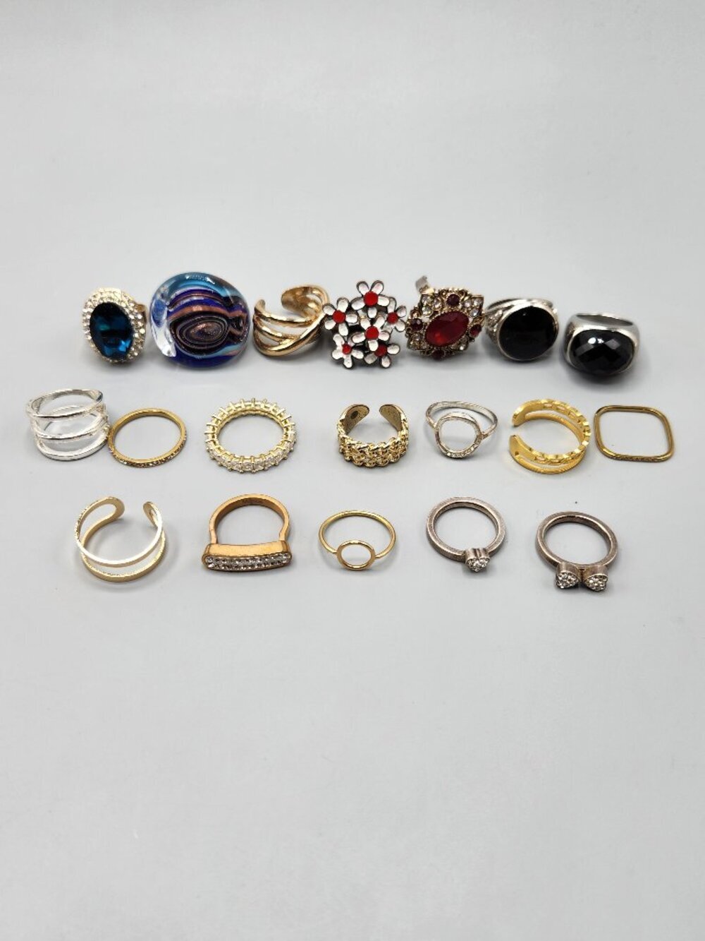 Costume Jewelry Ring Lot of 19 Gold silver Tone Enamel Glass Stones Bundle